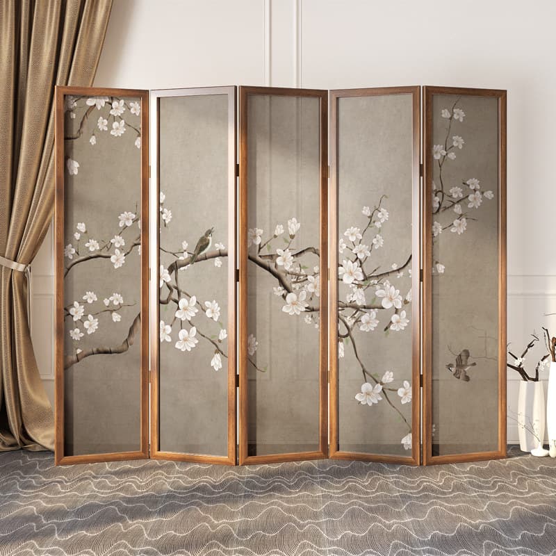 桜花鳥図５連木製間仕切り屏風パーテーション