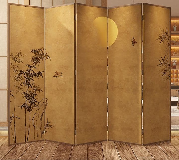 月夜の竹林図屏風式木製衝立パーテーション(5連)