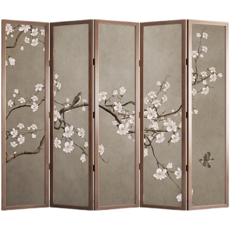 桜花鳥図５連木製間仕切り屏風パーテーション