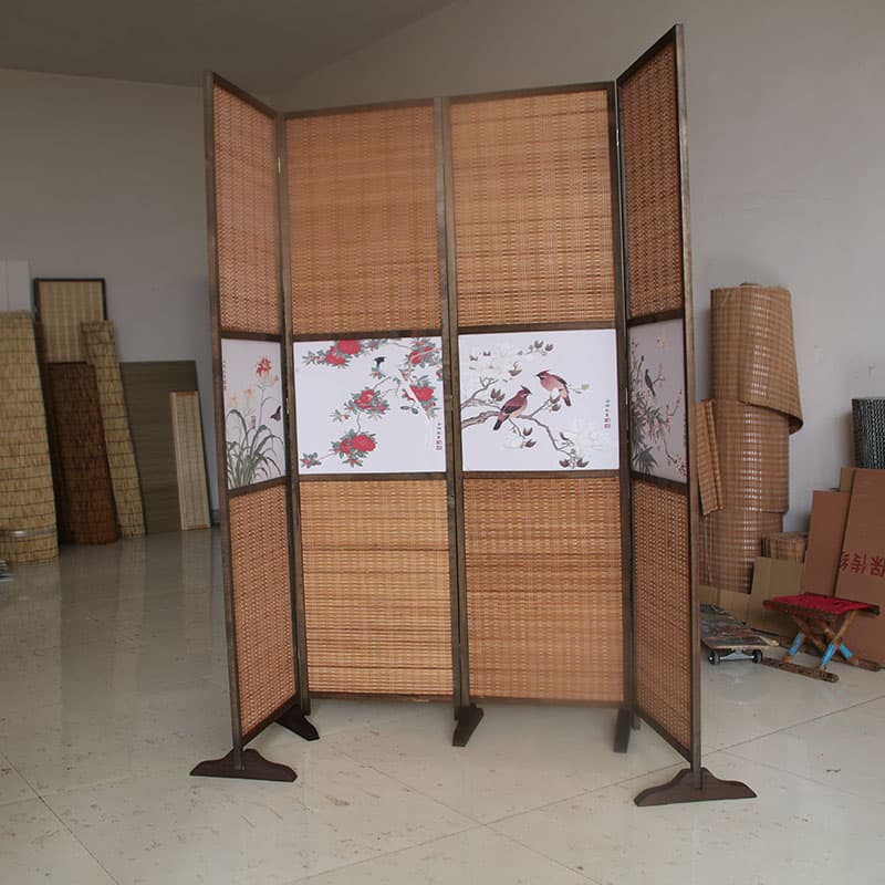 パーテーション 花鳥画入り木製編み込み四連衝立