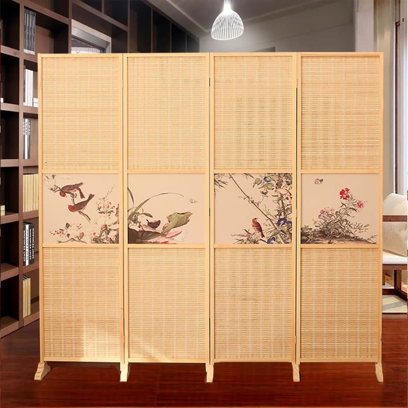 パーテーション 花鳥画入り木製編み込み四連衝立