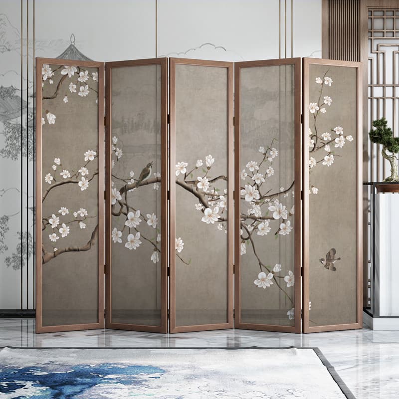 桜花鳥図５連木製間仕切り屏風パーテーション
