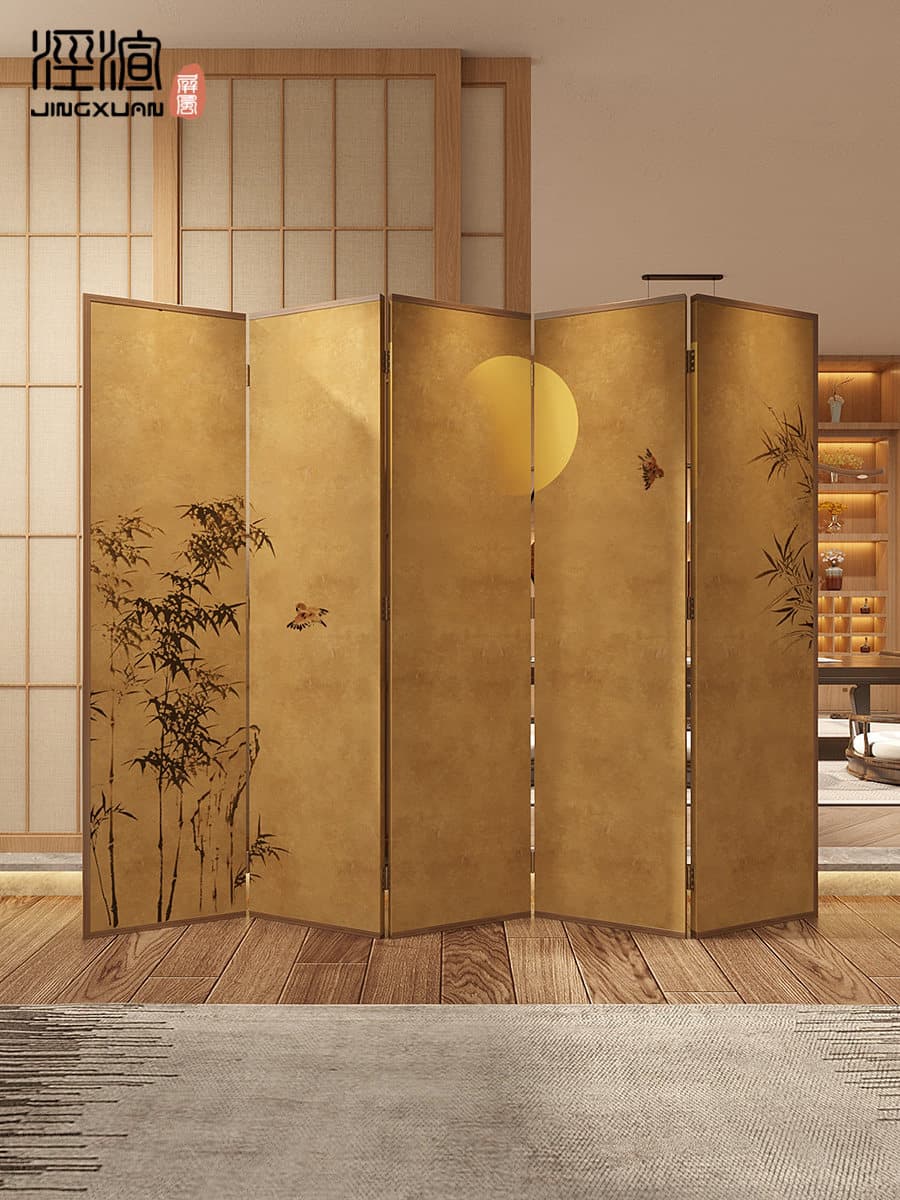 月夜の竹林図屏風式木製衝立パーテーション(5連)