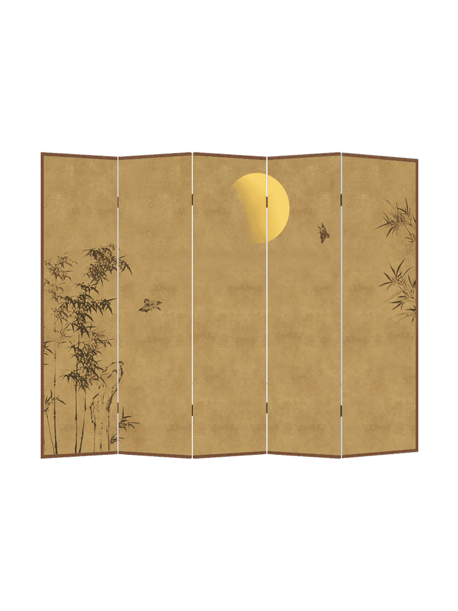 月夜の竹林図屏風式木製衝立パーテーション(5連)