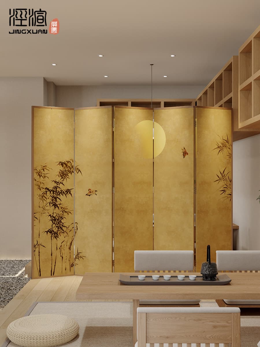 月夜の竹林図屏風式木製衝立パーテーション(5連)